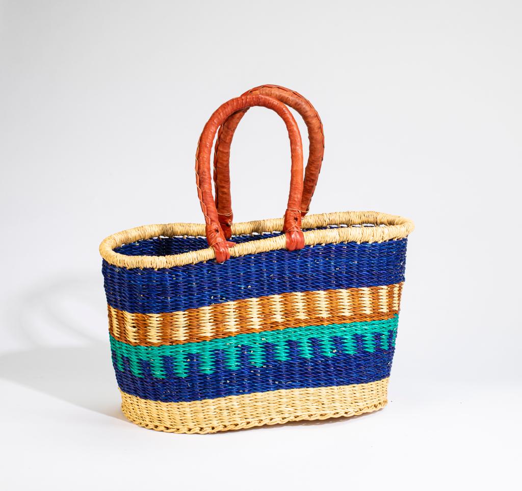 Large round African basket – with leather handles